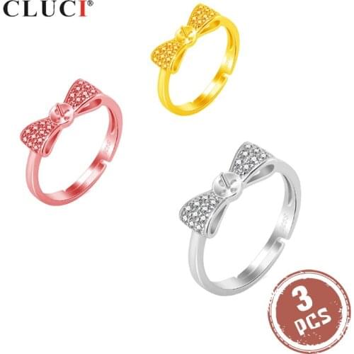 CLUCI 3pcs 925 Sterling Silver Rose Gold Ring for Women Silver 925 Pearl Ring Mounting Adjustable Zircon Bow Knot Ring SR2123SB