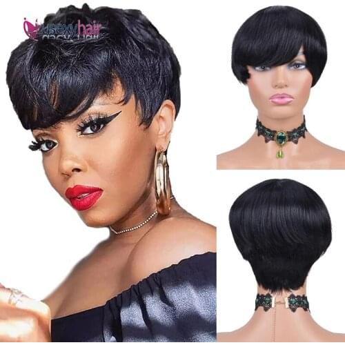 Short Pixie Cut Straight Wig with Bangs for Women Short Wavy Wig Natural Looking 150% Density Brazilian Human Hair Pixie Wig