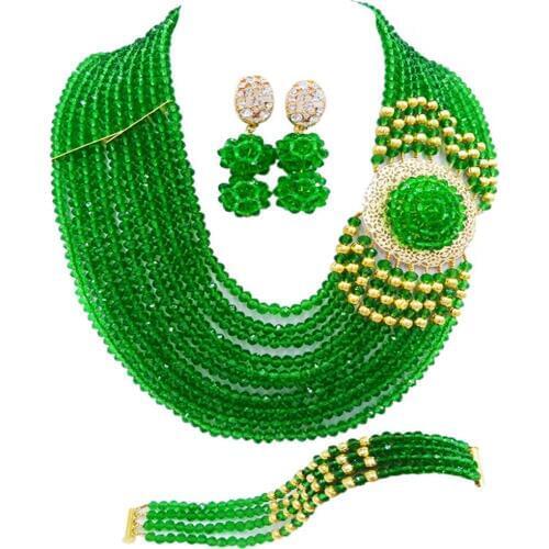 Pretty Green Nigerian Wedding African Beads Jewelry Set Crystal Beaded Necklace Bracelet Earrings for Women 10DPH05