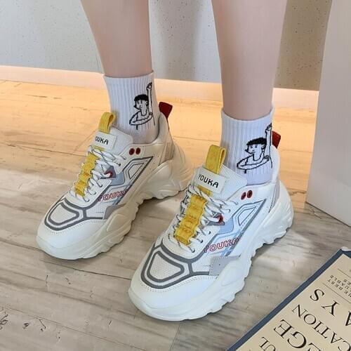 Llogai 2021 Breathable Mesh High Platform Sneakers Women Beige White Lace Up Running Shoes Woman Chunky Vulcanized Casual Shoes