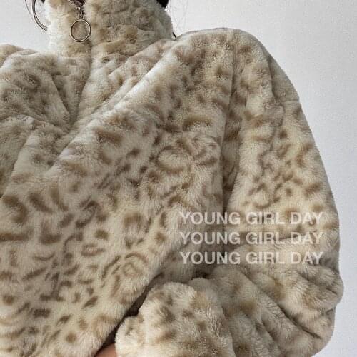 TVVOVVIN High Street Fashion Turtleneck Leopard Print Long Sleeve Drawstring Short Rabbit Fur Sweatshirt For Women DD07