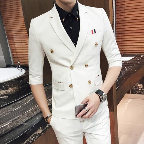 2020 Safari Suit 7 Colors Summer Wedding Mens Suits Double Half Sleeve Suit with pant Casual Blazer Jaqueta Masculina Asian Size