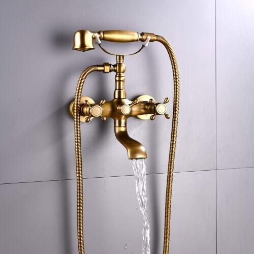 Wall Mount Antique Brass Bathtub Faucet with Hand Shower Sprayer Bathroom Tub Faucet Handheld Sprayer Shower Set Mixer Tap
