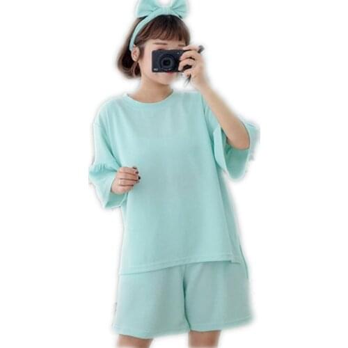 Simple New 2018 Summer Women O-Neck Pajamas Set Cute Cotton Nighty Loose Fashion Female Short Sleeve Shorts Pajamas Set Q037