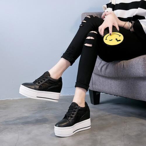 2019 New Fashion High Increasing Casual wedges Shoes Women Air Mesh Black White flat Platform Lace Up Breathable Shoes MC-07