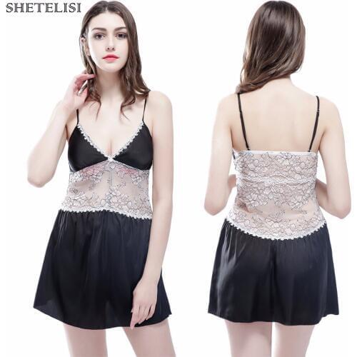 SHETELISI New Designs Lace Satin Chiffon Womens Nightgown Slinky Nightdress Trim Nightie with Removable Chest Pads sp0052