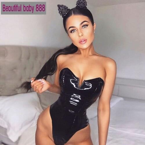 Meqeiss autumn new Women pu leather Bodysuits Sexy Party club off shoulder zip-up Black Skinny Sleeveless High street Rompers