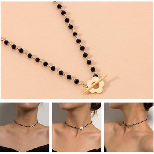 Necklace Fashion Black Crystal Bead Clavicle Necklace Simple Female Ot For Women Buckle Jewelry Short Flower Necklace Bohem H0F3