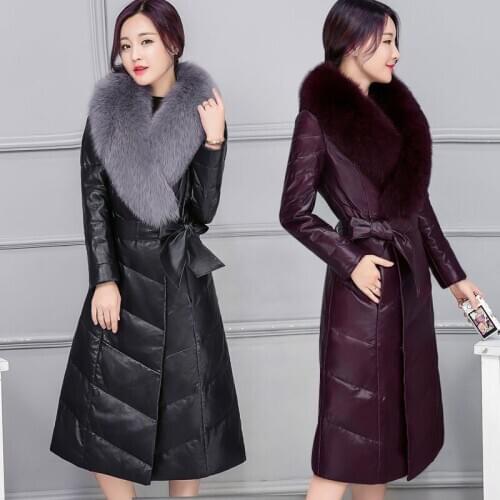 Fox Leather Women Faux Fur Collar Winter Coat Long Down Jacket Overcoat Coats Chamarras De Mujer KJ625