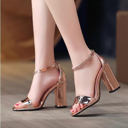 Sexy Open toe Gold silver Color Leather Gladiator Sandals Women High Heels Thick Heels Sandals Summer Womens Dress Shoes