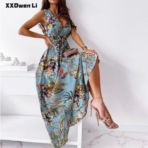 Summer Floral Print sleeveless Women Maxi Dress Sexy Backless Deep Elastic Waist Woman Lady Vintage Beach Boho long Dresses