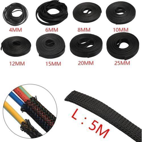 5M 4/6/8/10/12/15/20/25/30mm Black Insulation Braided Sleeving Tight PET Expandable Cable Sleeve Wire Gland Cables Protection