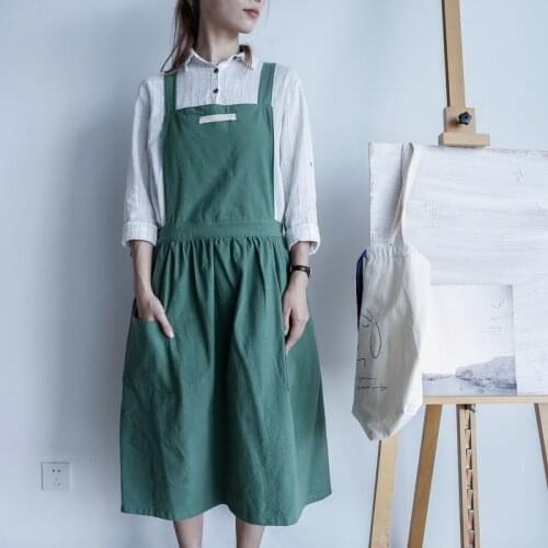 Pleated Skirt Cotton Apron Simple Washed Cotton Adult Aprons for Woman Ladys Kitchen Cooking Gardening Coffee Shop