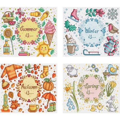 Full Cross Stitch Set Ornament Handcraft Cotton Colorful 11CT Stamped Four Seasons Needlework Home Hanging Decorations