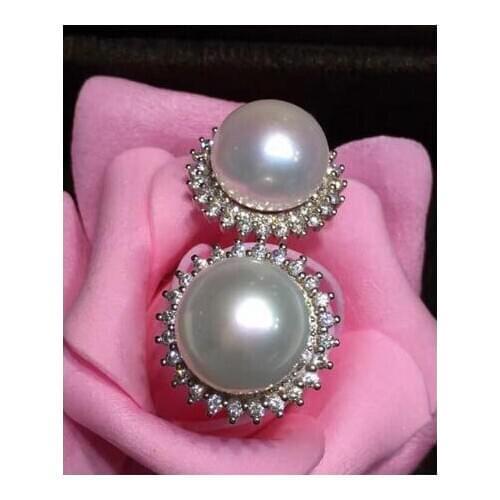 Noble jewelry style 12-13mm White Natural Freshwater Flat Pearl Stud Earring 925 silver