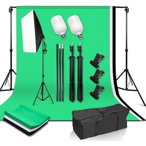 50*70cm Softbox Photography Kit Continuous Lighting System Studio Equipment 2*2M Background Support 3pcs 1.6*3m Backdrops Screen