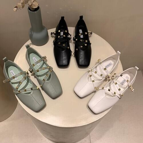 Rivet Flat Shoes For Women Outdoor Wear 2021 Spring New Fashion Square Head Shallow Womens Shoes Zapatos Planos Mujer נעלים נשי