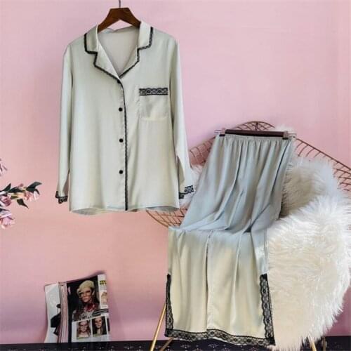 Spring Womens Rayon Pajamas Set New Luxury Style Fashion Lace Trim Sleepwear Silk Like Leisure Home Clothes Nightwear