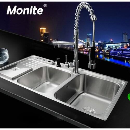 Monite Pull Out Down Kitchen Faucet Bathroom Sink Faucet 304 Stainless Steel Kitchen Wash Basin Sink w/ Countertop Mixer Tap Set