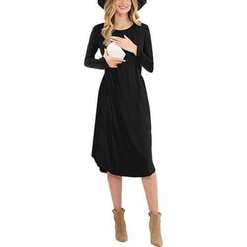 Explosion spring and summer new solid breastfeeding maternity dress long sleeve solid color round neck waist pregnant dress