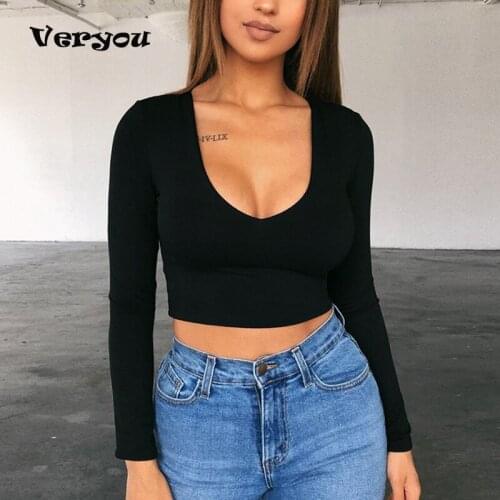 2021 Sexy Deep V Neck Solid Color Short Shirt Women Crop Top Long Sleeves Women T-Shirts Brown Red White Tee Tops Ladies