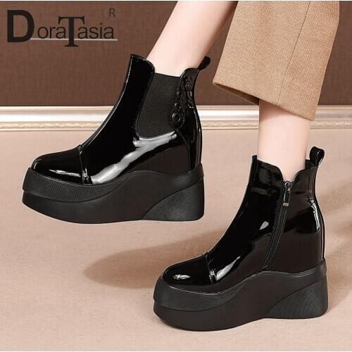 DORATASIA Ladies Genuine Leather Ankle Boots Fashion Height Increasing Boots Women Platform High Heels Zip Party Ol Shoes Woman