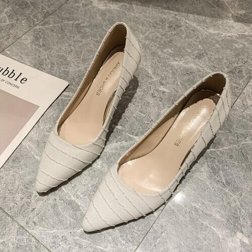 2020 Fashion Pointed High Heels Shallow Mouth Sexy Work Shoes Canvas Womens Pumps Concise Wild Female Single Shoes U14-78