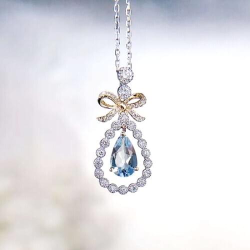 KOFSAC Romantic 925 Silver Necklace Women Valentines Day Gift Two-color Crystal CZ Bow-knot Water Droplets Fashion Girl Jewelry