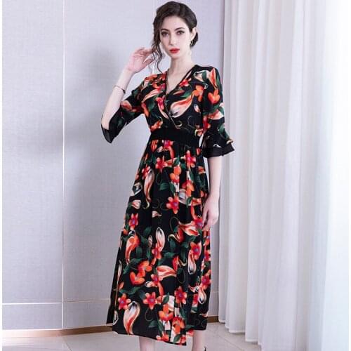 Real Summer Silk Women Ladies Vintage Floral Beach Dresses Print Party Dress Vestidos De Verano 2020 202002 YY2229