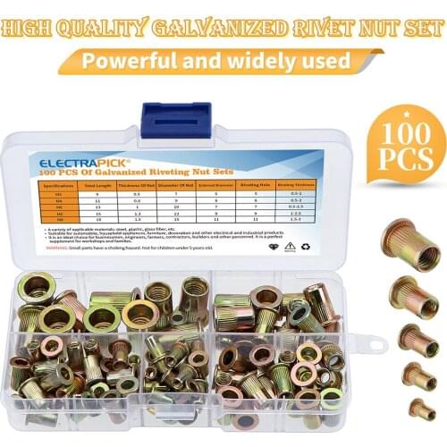 Electrapick 100pcs Carbon Steel Rivet Nuts M4 M5 M6 M8 Flat Head Rivet Nuts Set Hardware Parts Multi Sizes Insert Rivet Nuts Box