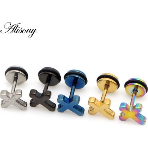 Alisouy 2 pieces Stainless Steel Stud Earring For Women Man Cross Gold And Silver Color Lovers punk style Jewelry