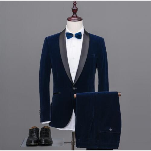 2017 Latest Coat Pant Designs Navy Blue Velvet Men Suit Prom Tuxedo Slim Fit 2 Piece Suits Custom Groom Blazer Terno Masculino 7