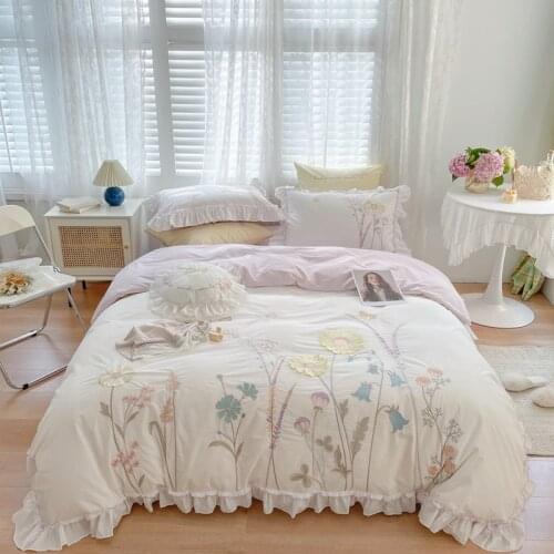 40S Yarn dyed washed cotton Flowers Embroidery Princess Girl Bedding Set Ruffles Duvet Cover Quilt Cover Comforter Set Bed Linen