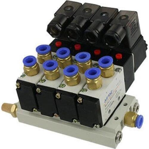 4V210-08 AC 220V Quadruple Solenoid Valve Mufflers 8mm Quick Fittings Base Set