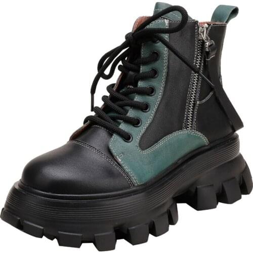 Punk New Lace-Up Thick-Soled Leather Female Short Boots Fashion High Heels Shoes Retro Color Block Ankle Martin Boots For Woman