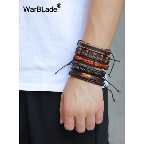 WarBLade DIY 4pcs/Set Genuine Leather Bracelet Men Vintage Charm Multilayer Braided Bracelets Bangle Male Punk Wrap Wristband