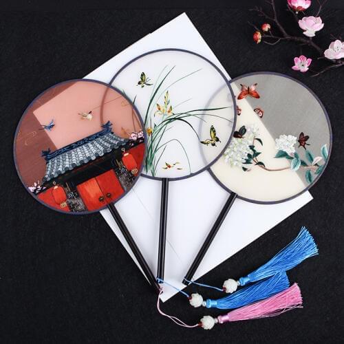 Palace Hand Fan Classical Two-sided Semi Transparent Manual Suzhou Embroidery Fan Woman Handle Vintage Bambu Chinese Hanfu Fan