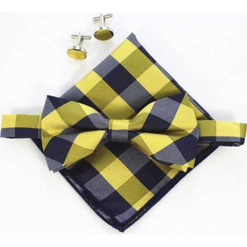 Ricnais Fashion Mens Cufflinks Bowtie And Pocket Squares Set Man Bow Tie Handkerchief Set For Wedding Vintage Plaid Hanky