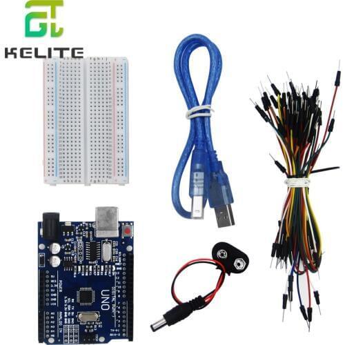 Hot sell! Starter Kit UNO R3 400 hole Points Breadboard 65 Flexible Jumper Wires USB Cable and 9V Battery Connector