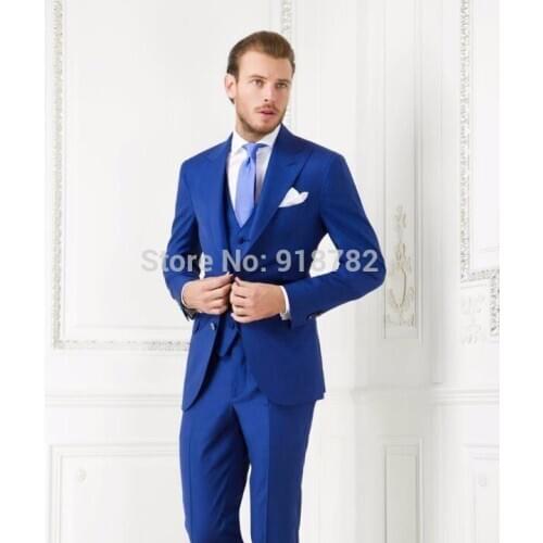 2018 Custom Made Groomsmen 2 Buttons Classic Royal Blue Mens Tuxedo Groom Wedding Party Suits Best Man ( Jacket+Pants+Vest+Tie)