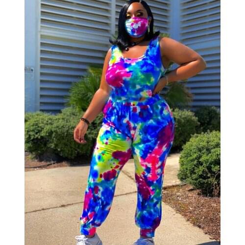 ChocoMisty-LadyPlus Plus-size Jumpsuits & Rompers Tie Dye U Collar Sleeveless Jumpsuit C795 (Without Mask)