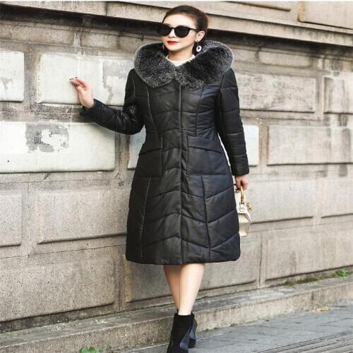 Leather Down Jacket Female Long Section 2020 New Slim Sheep Belt Cap Fox Fur Collar Female Big size High Quality Leather Jacket