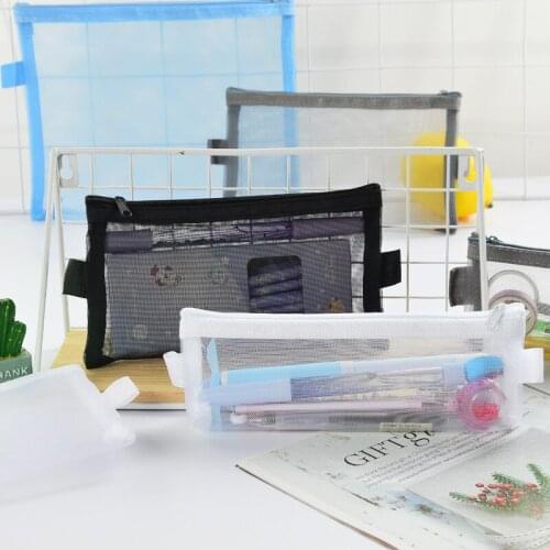Cute Simple Mesh Pencil Cases Kawaii Transparent Pencil Box Large Clear Pen Case For Girls Korean Stationery School Supplies