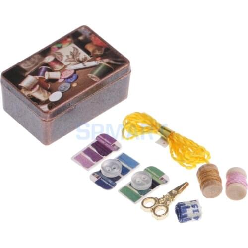 Dollhouse Miniature Vintage Sewing Tools Kit in Metal Box 1/12 Scale Dolls House Decoration