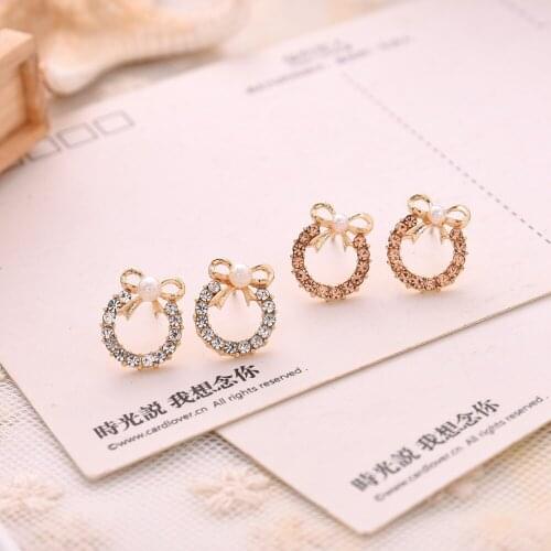 Fashion Rear Hanging Bow Round Earrings for Women Korean Simple Cute Sweet Shiny Crystal Accessories Stud Earrings Jewelry Gift
