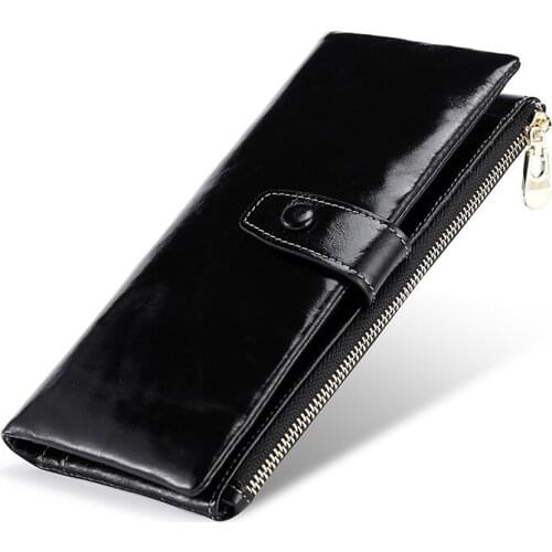 Black Genuine Leather Fashion Long Wallet Female Zipper Retro Anti-theft Clutch Womens Multi-function Hand Bag Wallet Ladies