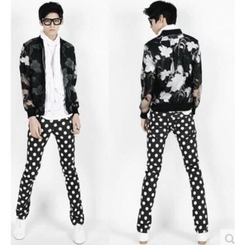 2016 Men Autumn and winter male casual pants slim black and white dot fashion male skinny pants