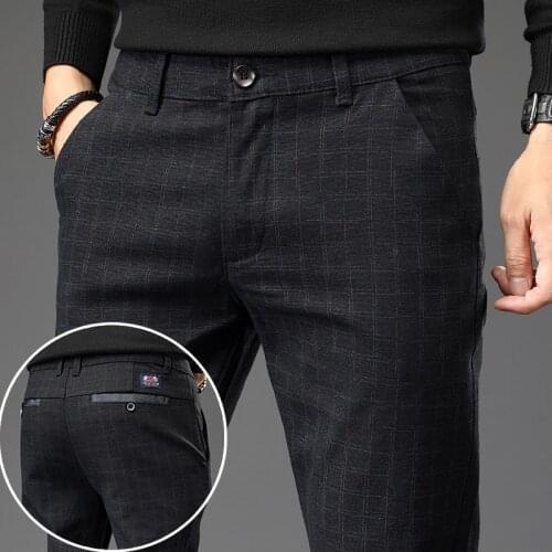 Mens Fitted Straight Plaid Color Business Casual Pants 2020 Autumn Brand Clothing Comfortable Stretch Classic Slim Pants