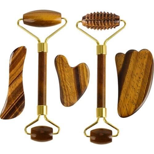 Natural Tiger Eye Facial Massager Roller Jade Roller Gua Sha Tool Set Slimming Face Massager Lifting Tool Jade Gouache Scraper