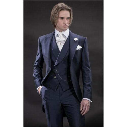 Slim Fit Morning Style Groom Tuxedos Navy Blue Groomsman Peak Lapel Men Wedding Suits Bridegroom (Jacket+Pants+Tie+Vest)A179